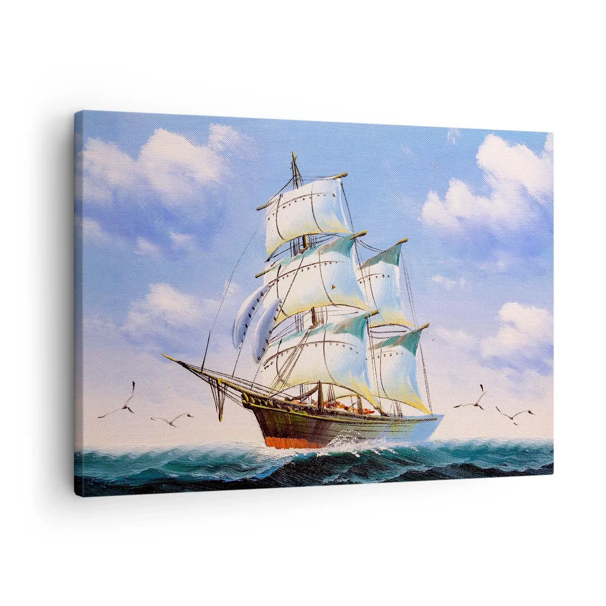 Lærredstryk - Billede på lærred - Et sejlskib på åbent hav under en blå himmel - 70x50cm - Stolt med vinden - Moderne vægdekoration til stue og soveværelse ARTTOR