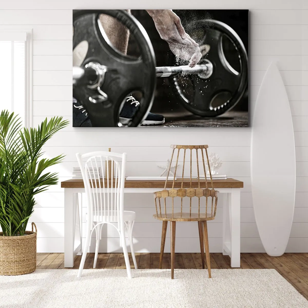 Lærredstryk - Billede på lærred - Håndvægte og en atlets hænder forbereder sig til træning - 70x50cm - Udfordringen er taget imod! - Moderne vægdekoration til stue og soveværelse ARTTOR