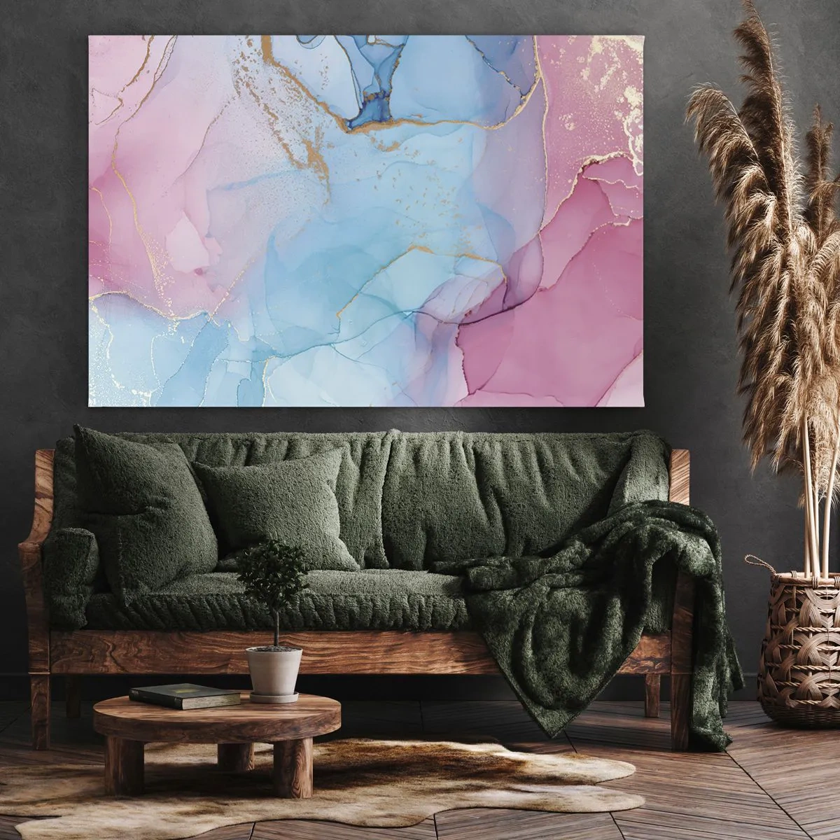 Lærredstryk - Billede på lærred - Abstrakte pastelmønstre med gulddetaljer - 70x50cm - Møde og gennemtrængning - Moderne vægdekoration til stue og soveværelse ARTTOR