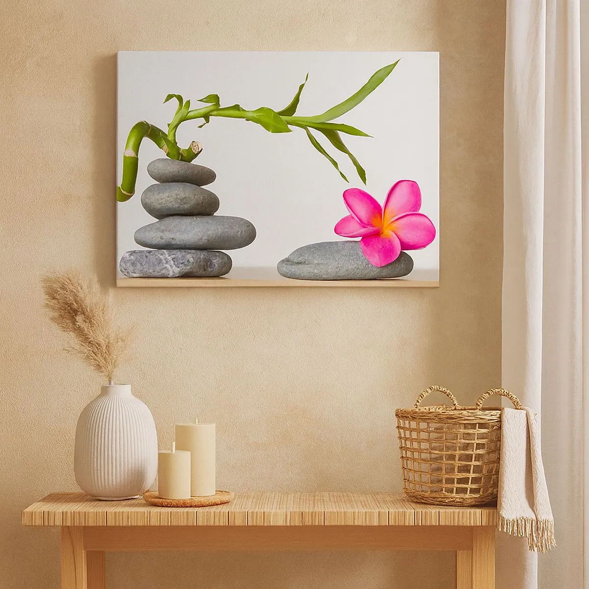 Lærredstryk - Billede på lærred - Bambus og lyserød blomst på zen-stil sten - 70x50cm - Livets og varighedens farver - Moderne vægdekoration til stue og soveværelse ARTTOR
