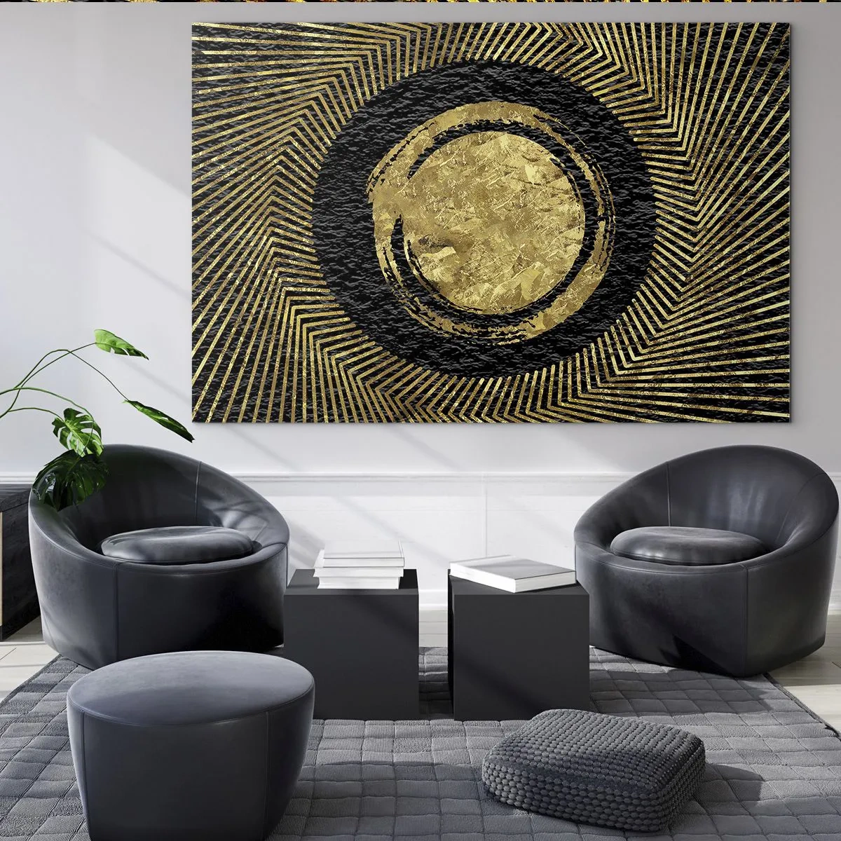 Billede på glas - Gylden cirkel med stråler på en sort baggrund i glamourøs stil - 70x50cm - Glamour-komposition - Moderne vægdekoration til stue og soveværelse ARTTOR