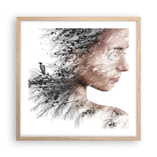 Plakat i ramme af lyst egetræ - Skovens ånd - 50x50 cm