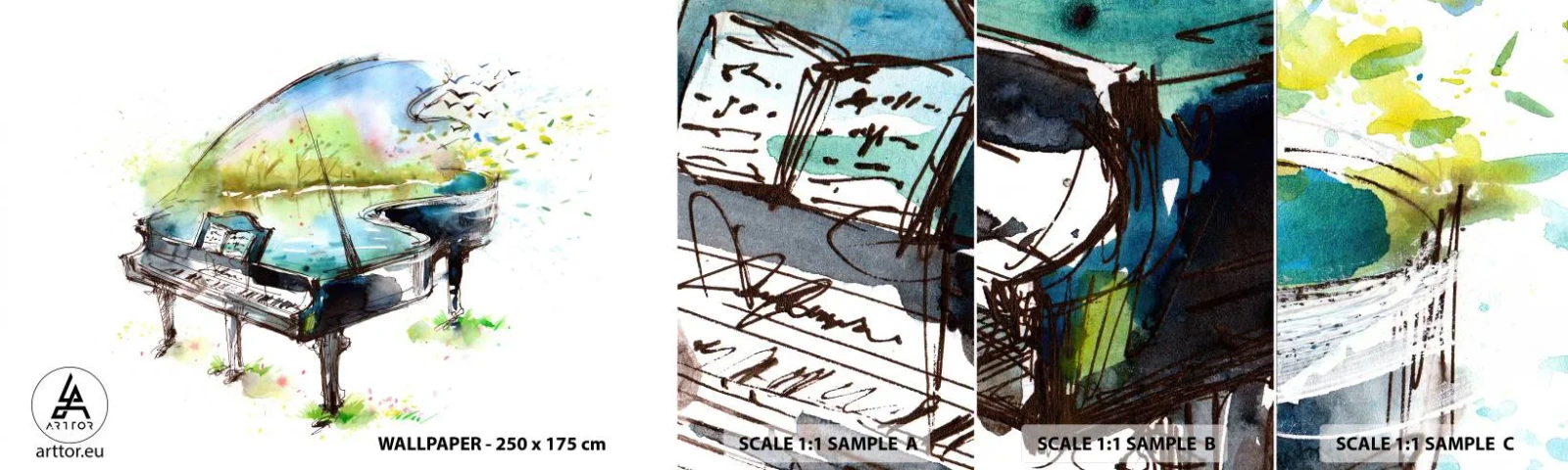 Prøve Fototapet Selvklæbende Deluxe Sticker - Fortryllet af musik - Klaver, Abstraktion, musik - 100x30 cm