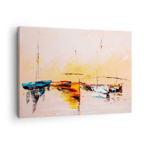 Lærredstryk - Billede på lærred - Farverige både på roligt vand ved solnedgang - 70x50cm - En aften i havnen - Moderne vægdekoration til stue og soveværelse ARTTOR