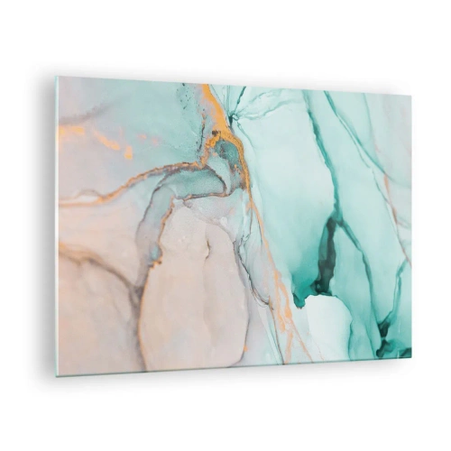 Billede på glas - En abstrakt komposition i nuancer af turkis og guld. - 70x50cm - Dans af former og farver - Moderne vægdekoration til stue og soveværelse ARTTOR