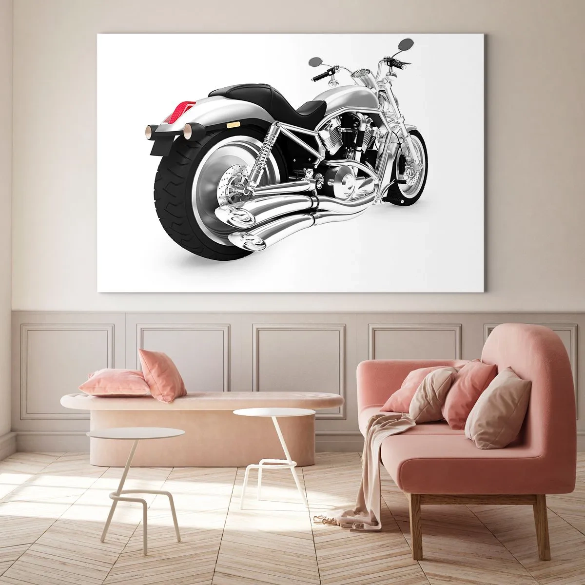 Billede på glas - En forkromet motorcykel i moderne stil på en hvid baggrund - 70x50cm - En drøm for samlere - Moderne vægdekoration til stue og soveværelse ARTTOR