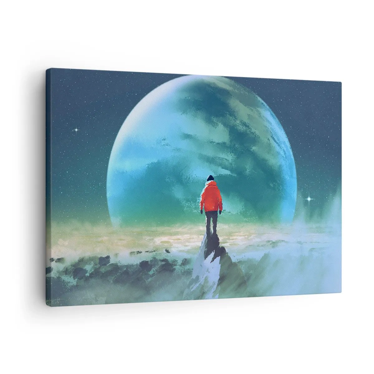 Lærredstryk - Billede på lærred - En mand i en rød jakke står foran en stor planet med stjerner i baggrunden. - 70x50cm - Opdageren af et nyt land - Moderne vægdekoration til stue og soveværelse ARTTOR