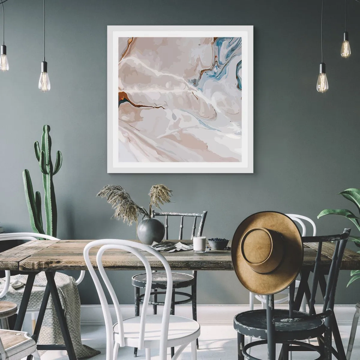 Plakat i hvid ramme - Blå slynger sig under det hvide - 30x30 cm