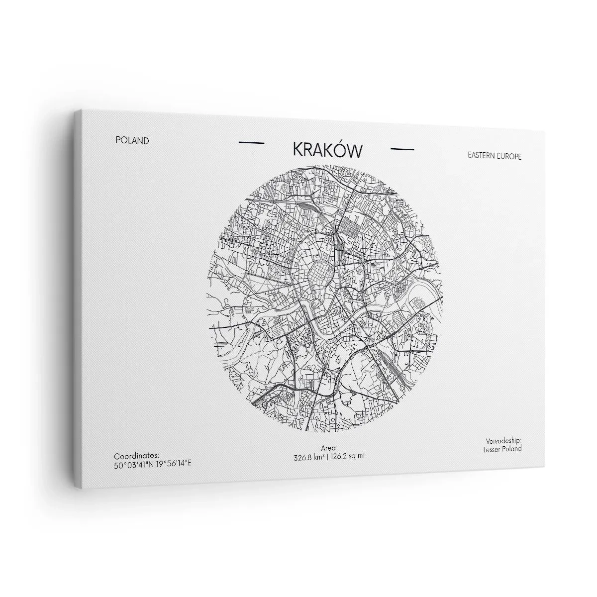 Lærredstryk - Billede på lærred - Et kort over Krakow i minimalistisk stil - 70x50cm - Krakows anatomi - Moderne vægdekoration til stue og soveværelse ARTTOR