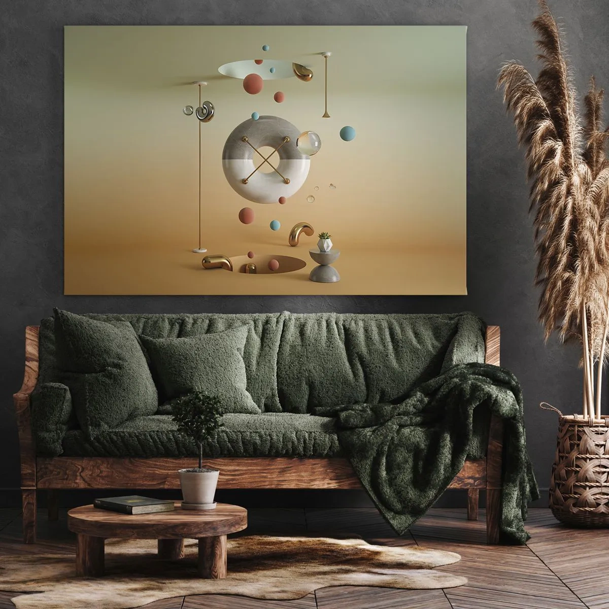 Lærredstryk - Billede på lærred - Geometriske figurer i pastelfarver i et surrealistisk arrangement - 70x50cm - Alt kan ske - Moderne vægdekoration til stue og soveværelse ARTTOR