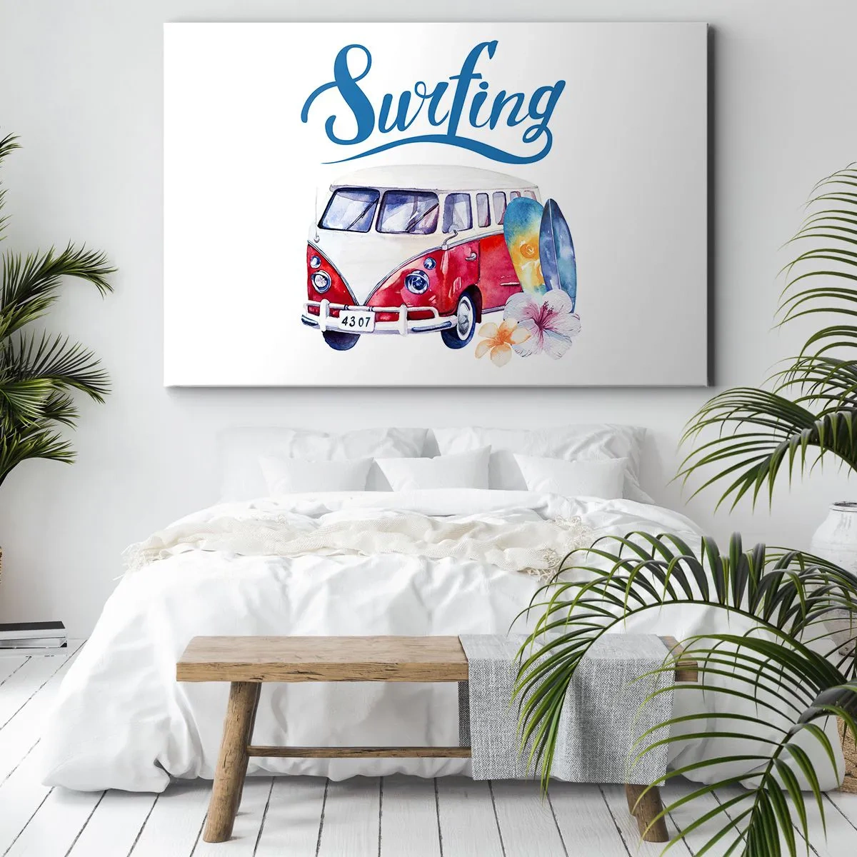 Lærredstryk - Billede på lærred - Farverig grafik med en bus og et surfing-tema - 70x50cm - Agurk - en klassiker for surferen - Moderne vægdekoration til stue og soveværelse ARTTOR