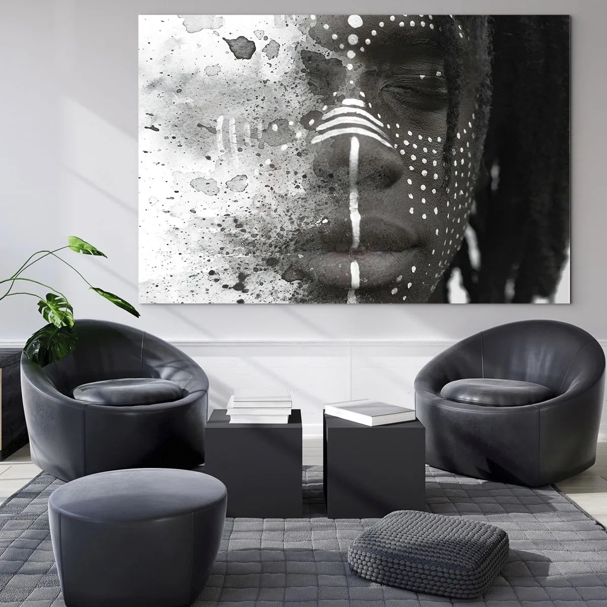 Billede på glas - Portræt med etniske mønstre i sort-hvid med akvareleffekt - 70x50cm - Opdag den oprindelige ånd - Moderne vægdekoration til stue og soveværelse ARTTOR