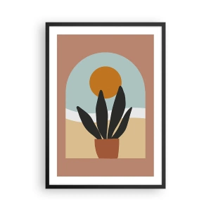Plakat i sort ramme - En potteplante foran en bue med en solnedgang i baggrunden - 50x70cm - Små glæder - Moderne vægdekoration til stue og soveværelse ARTTOR