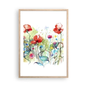 Plakat i ramme af lyst egetræ - En blomstrende eng i maj - 50x70 cm