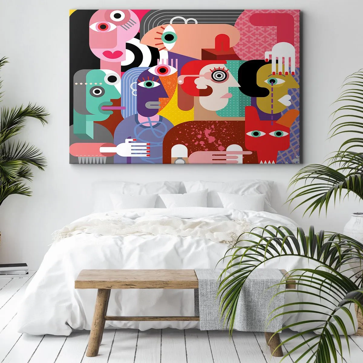 Lærredstryk - Billede på lærred - Farverig abstraktion med geometriske ansigter - 70x50cm - Vi fra hr. Picasso - Moderne vægdekoration til stue og soveværelse ARTTOR