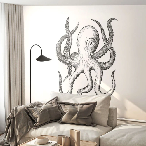 Fototapet Selvklæbende Deluxe Sticker - Dans med bølger - Blæksprutte, Tegning, Ved havet - 100x70 cm