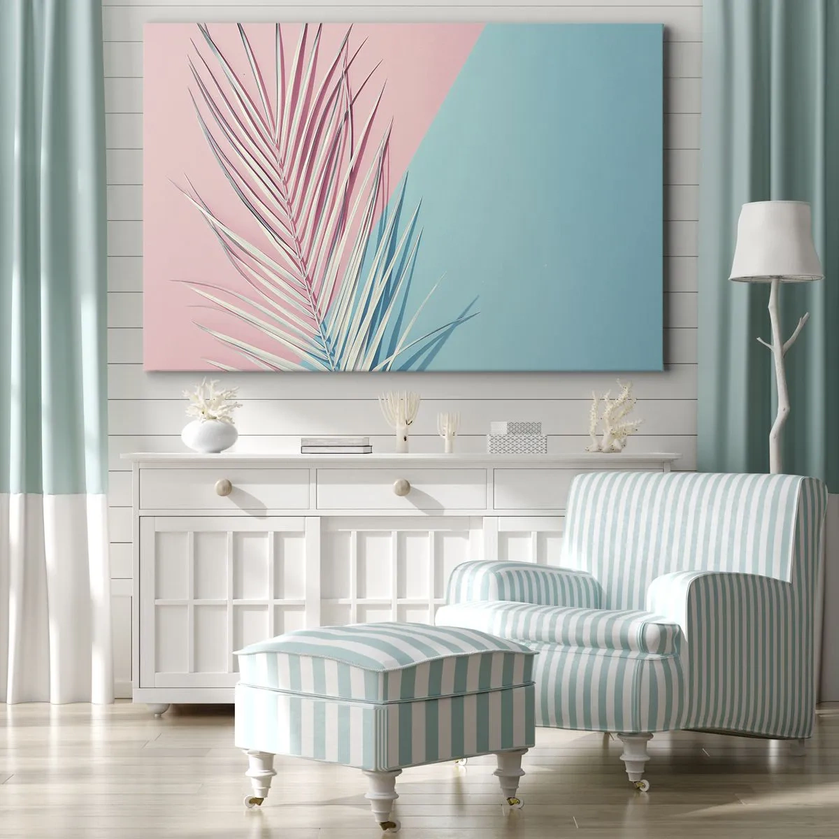 Lærredstryk - Billede på lærred - Tropisk blad mod en baggrund af pastelfarver af lyserød og blå - 70x50cm - Tropisk indtryk - Moderne vægdekoration til stue og soveværelse ARTTOR