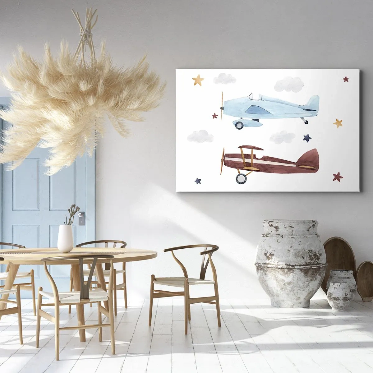 Lærredstryk - Billede på lærred - Håndmalede flyvemaskiner mod en baggrund af skyer og stjerner - 70x50cm - Hr. pilot, vi venter! - Moderne vægdekoration til stue og soveværelse ARTTOR