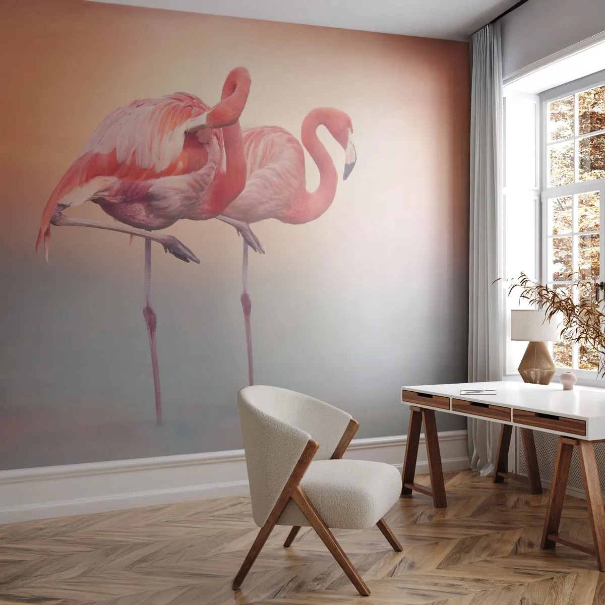 Fototapet Premium Sand - I farven af den nedgående sol - Flamingoer, Fugle, Natur - 200x140 cm