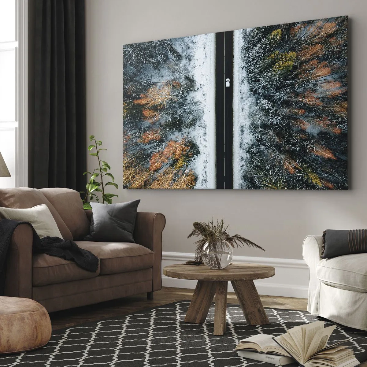 Lærredstryk - Billede på lærred - En vej gennem en vinterskov set fra et fugleperspektiv - 70x50cm - Skær gennem vinterskoven - Moderne vægdekoration til stue og soveværelse ARTTOR