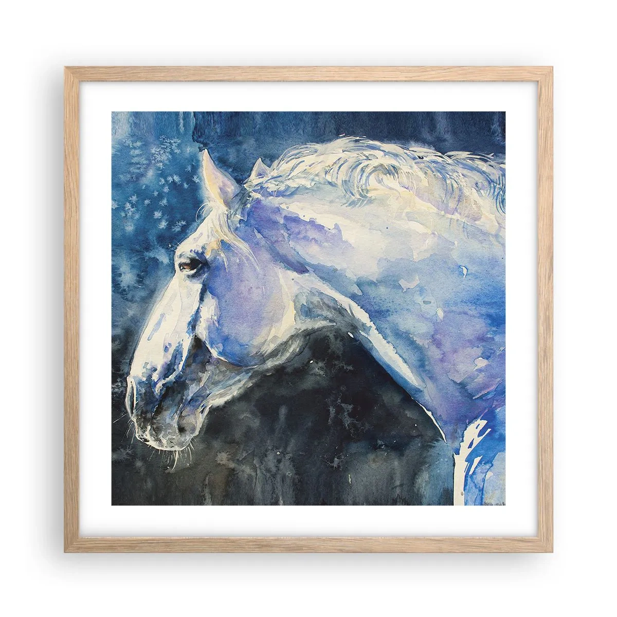 Plakat i ramme af lyst egetræ - Portræt i et blåt skær - 50x50 cm