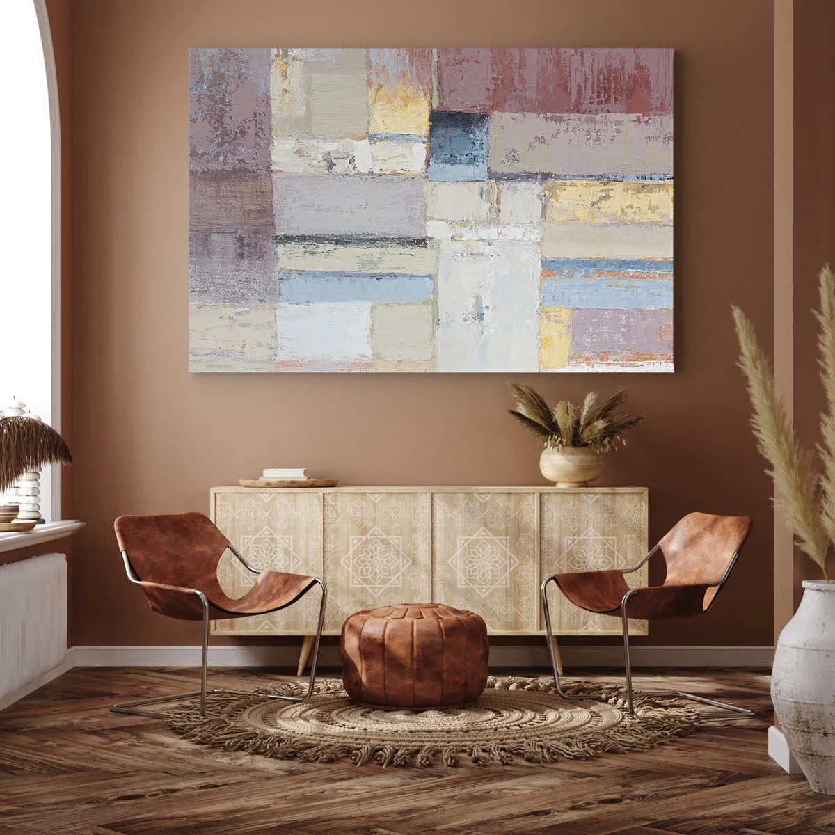 Lærredstryk - Billede på lærred - Geometrisk komposition i pastelfarver - 70x50cm - Geometriens ro - Moderne vægdekoration til stue og soveværelse ARTTOR