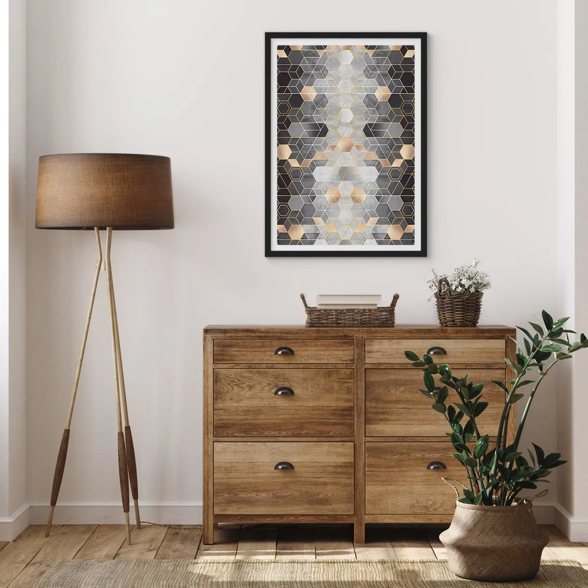 Plakat i sort ramme - Geometrisk sekskantmønster i nuancer af guld og grå - 50x70cm - Sammensætning af diamanter - Moderne vægdekoration til stue og soveværelse ARTTOR