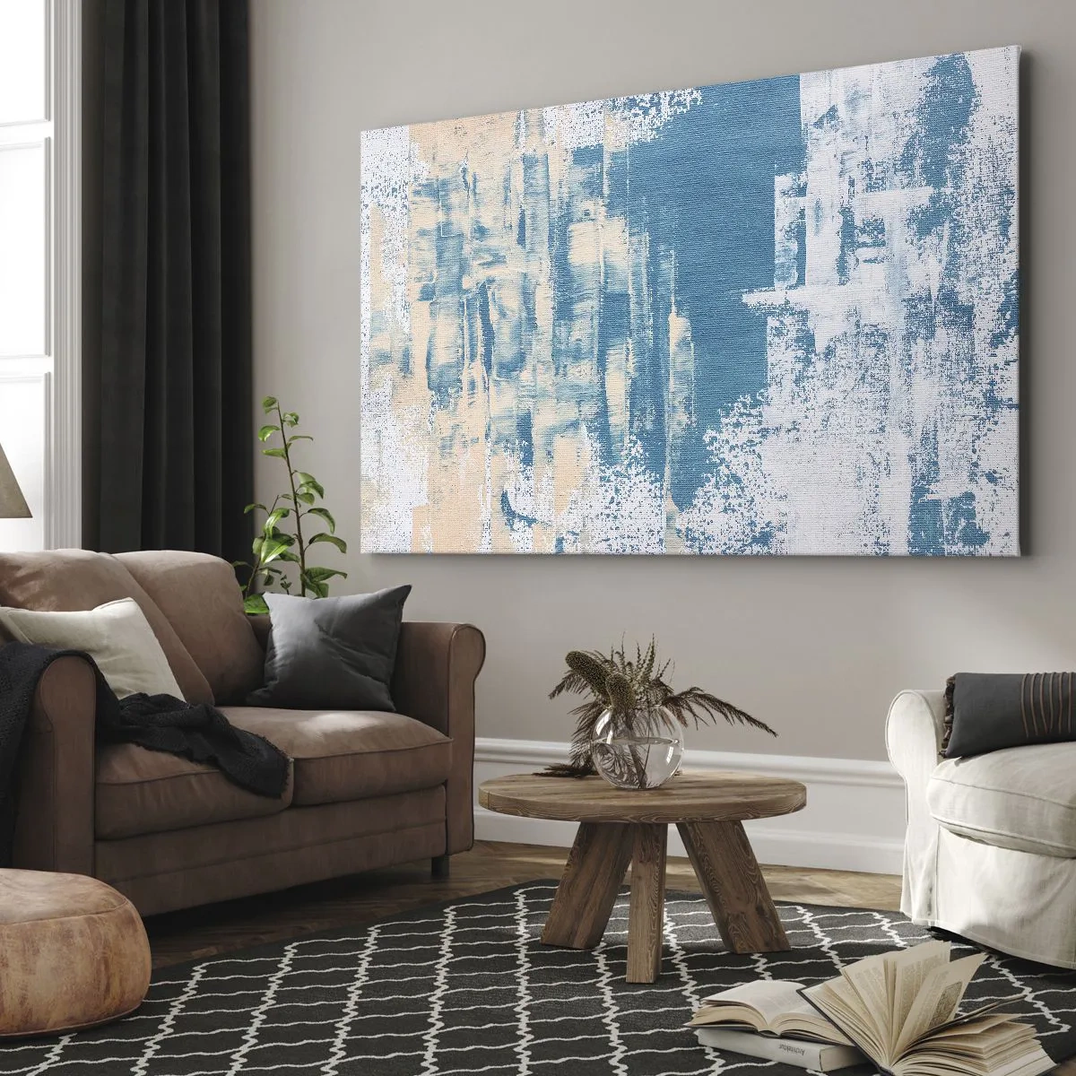 Lærredstryk - Billede på lærred - Abstrakt komposition i nuancer af blå og hvid - 70x50cm - Gennem istappen - Moderne vægdekoration til stue og soveværelse ARTTOR