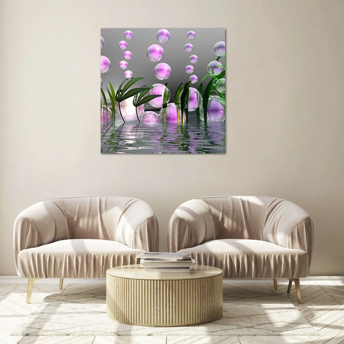 Billede på glas - En reflekterende komposition af lethed og liv - 40x40 cm