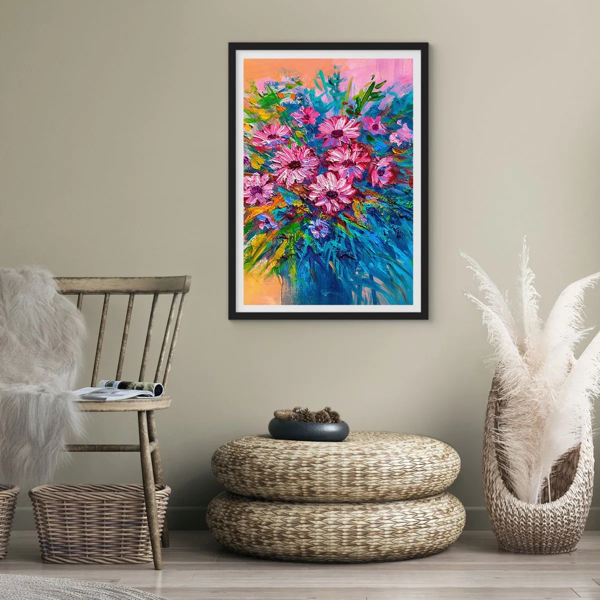 Plakat i sort ramme - En buket af intenst farvede blomster på en abstrakt baggrund - 50x70cm - Livets energi - Moderne vægdekoration til stue og soveværelse ARTTOR