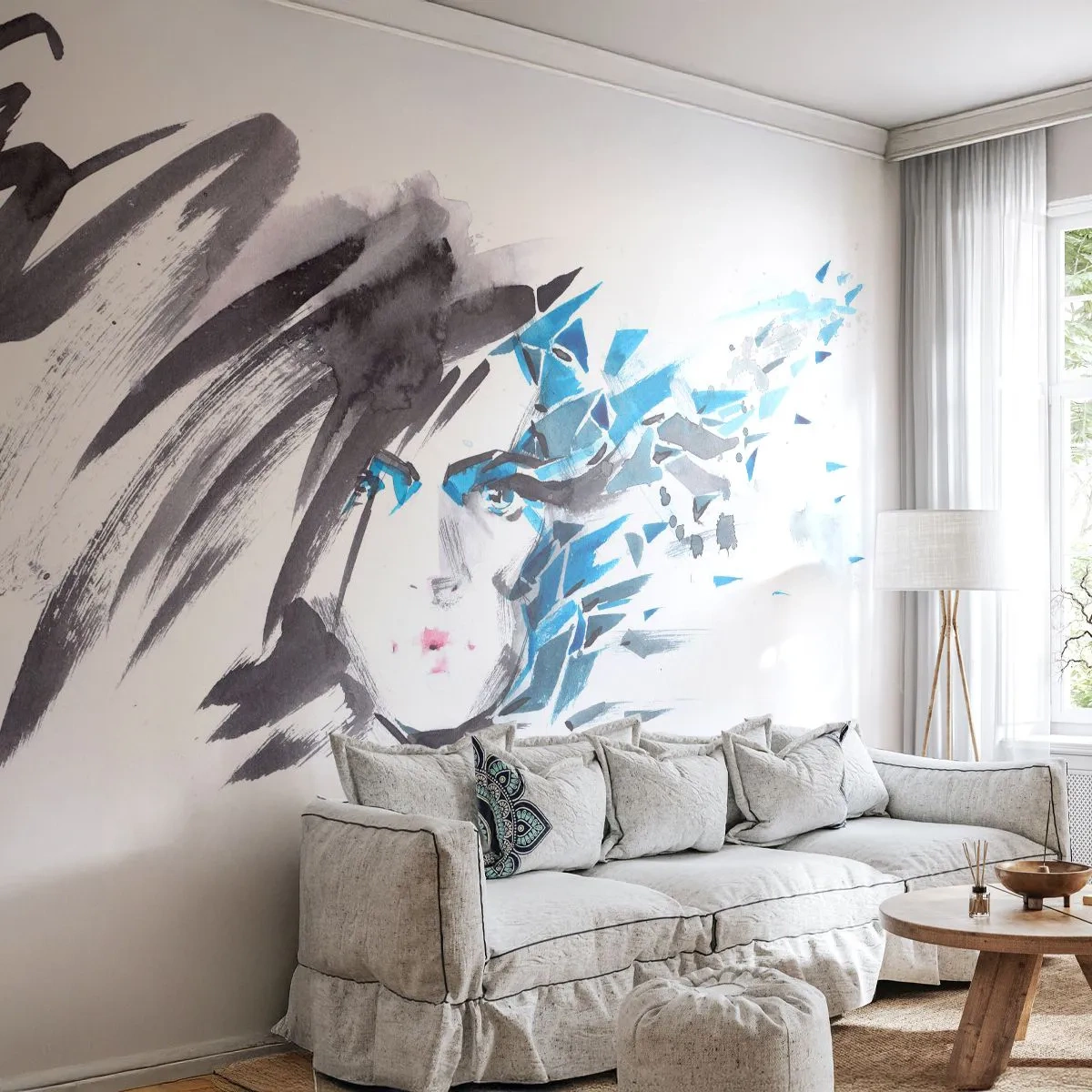 Fototapet Selvklæbende Deluxe Sticker - Sensuelt portræt i grå og blå farver - Kvinde, Kvindens ansigt, Abstraktion - 400x280 cm