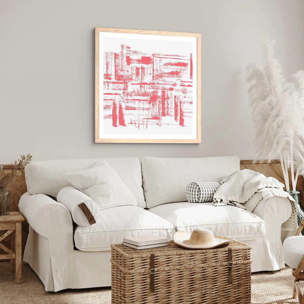 Plakat i ramme af lyst egetræ - Rød by - 40x40 cm