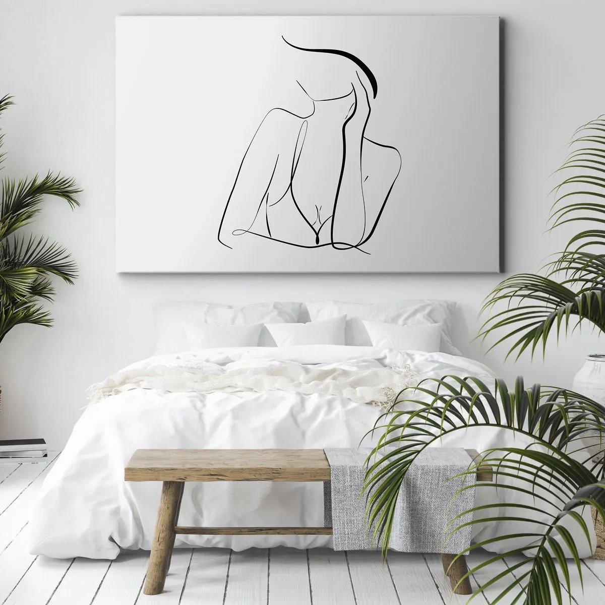 Lærredstryk - Billede på lærred - En delikat skitse af en kvindelig silhuet i minimalistisk stil - 70x50cm - På bølgen af en drøm - Moderne vægdekoration til stue og soveværelse ARTTOR