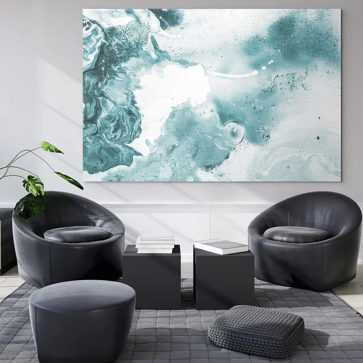 Billede på glas - Abstrakte blå pools på en glasbaggrund - 70x50cm - Blå oversvømmelsesflader - Moderne vægdekoration til stue og soveværelse ARTTOR