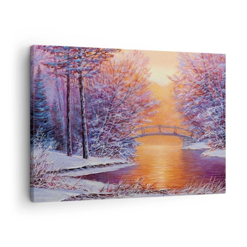 Lærredstryk - Billede på lærred - Vinterlandskab med bro og solnedgang - 70x50cm - Lad os mødes her - Moderne vægdekoration til stue og soveværelse ARTTOR