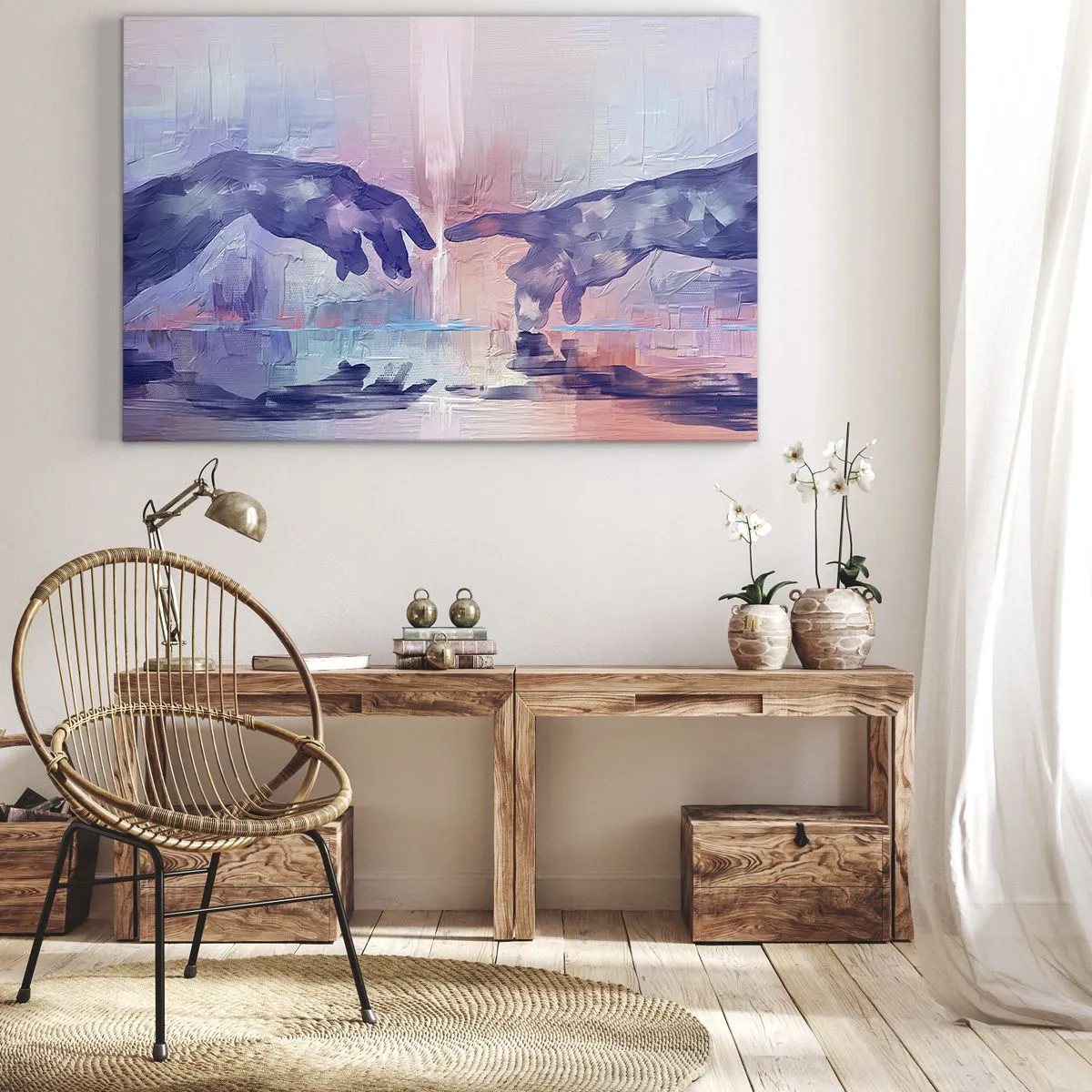 Lærredstryk - Billede på lærred - Symbolske hænder i abstrakte farver, der henviser til skabelsestemaet - 70x50cm - Den guddommelige gnist af liv - Moderne vægdekoration til stue og soveværelse ARTTOR