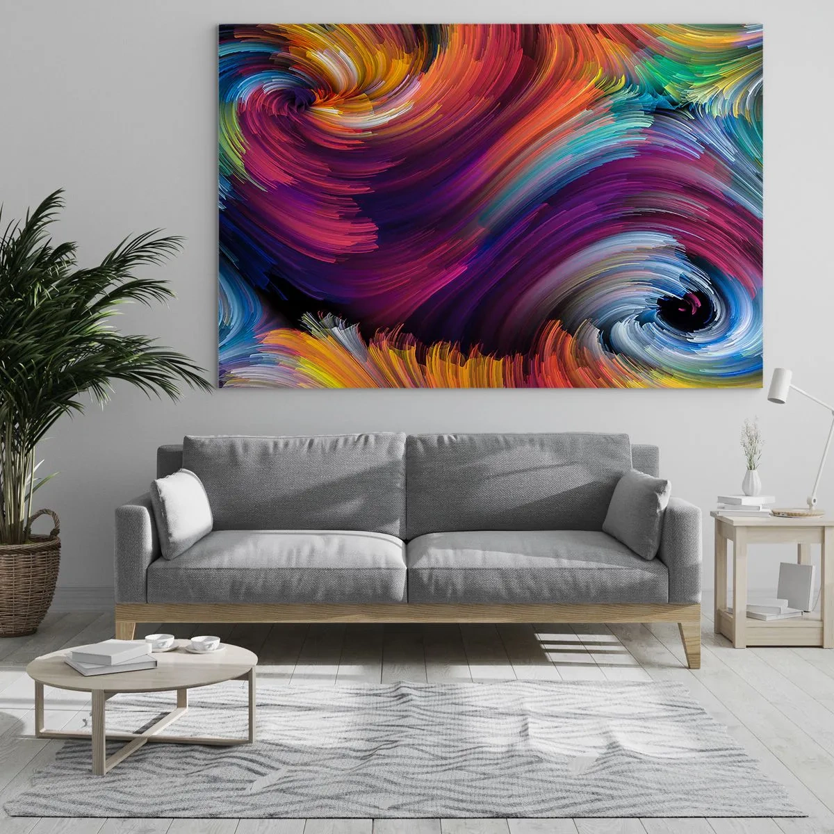 Billede på glas - Farverige hvirvler og dynamiske penselstrøg i abstraktion - 70x50cm - Begyndelsen på en ny verden - Moderne vægdekoration til stue og soveværelse ARTTOR