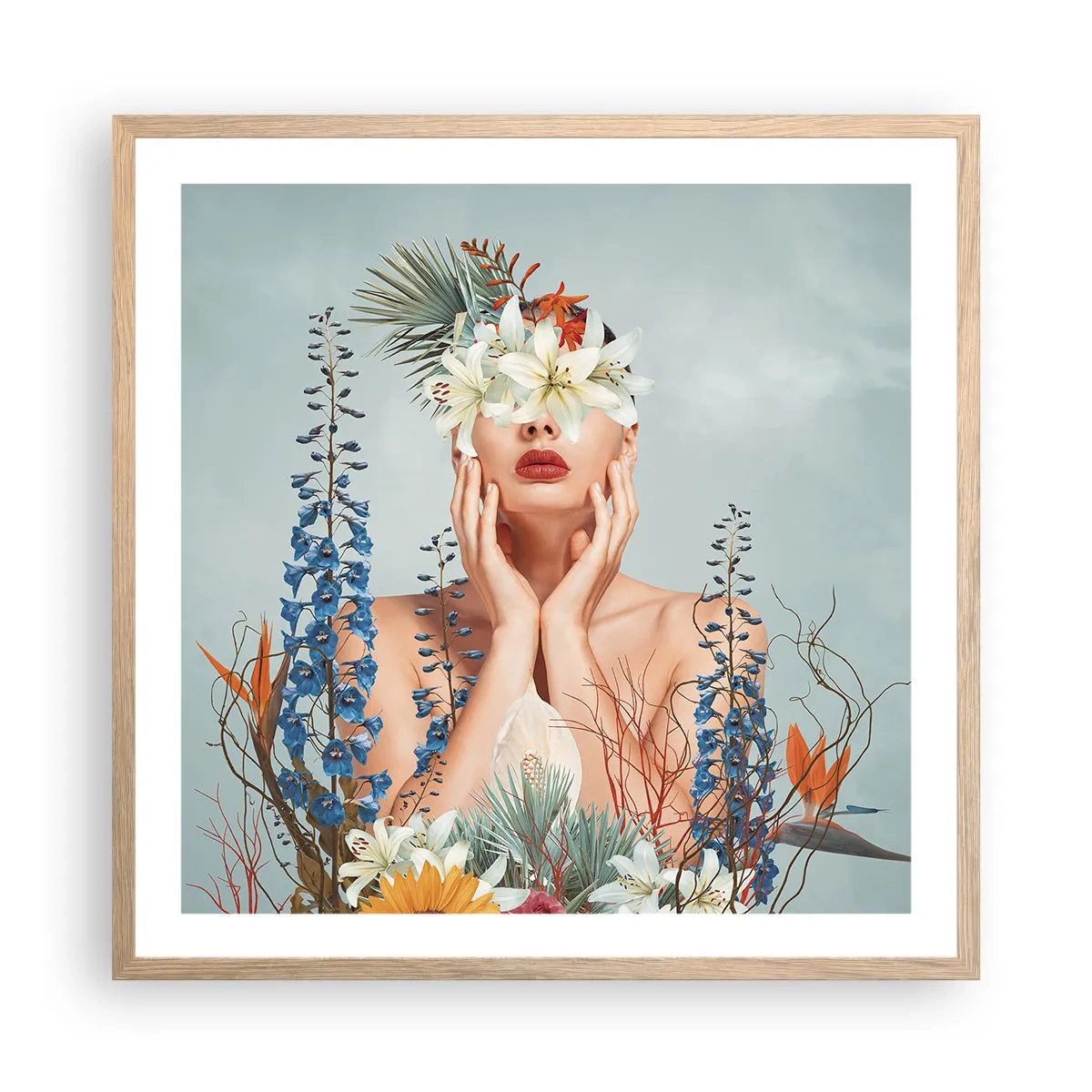 Plakat i ramme af lyst egetræ - Kvinde blomst - 60x60 cm
