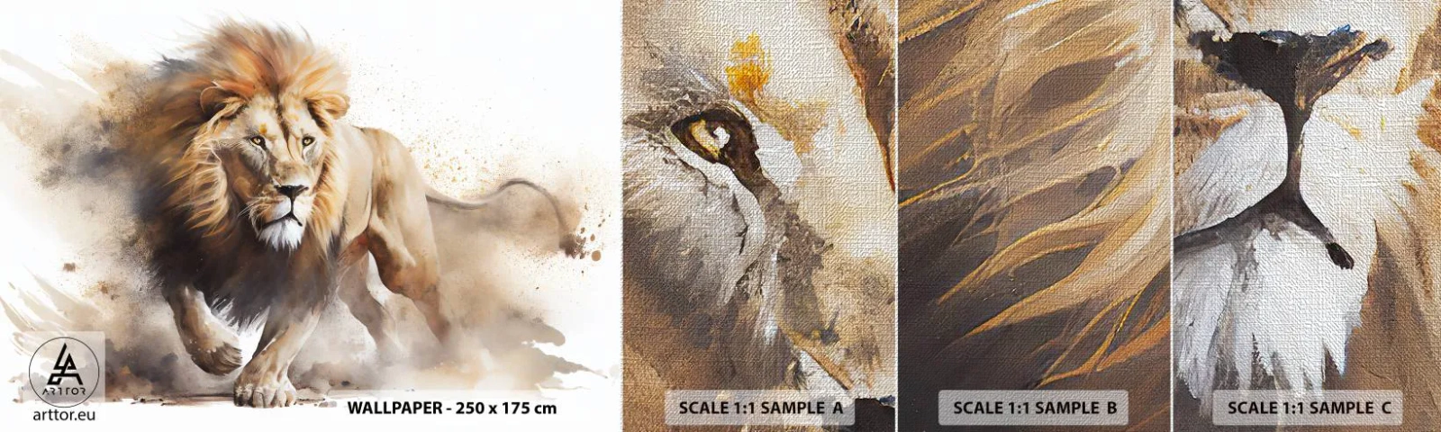 Prøve Fototapet Premium Canvas - Kongen er taget af sted - Løve, Lyse, Dyr - 100x30 cm