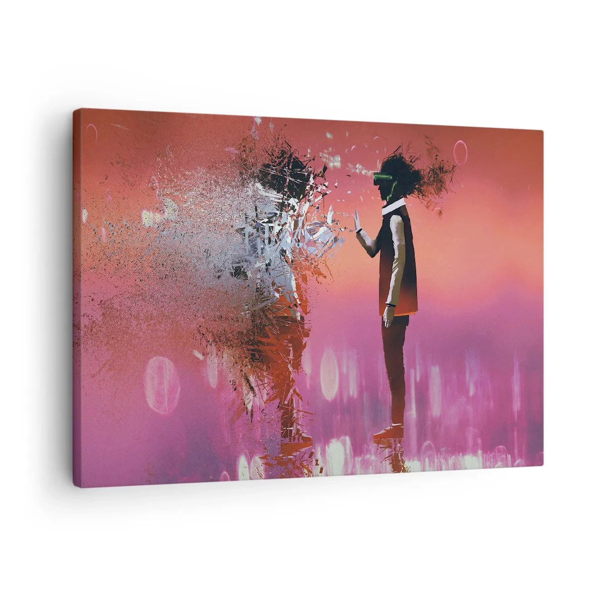 Lærredstryk - Billede på lærred - En abstrakt scene med en futuristisk figur og spredte elementer. - 70x50cm - Er det muligt at se ind i sig selv? - Moderne vægdekoration til stue og soveværelse ARTTOR