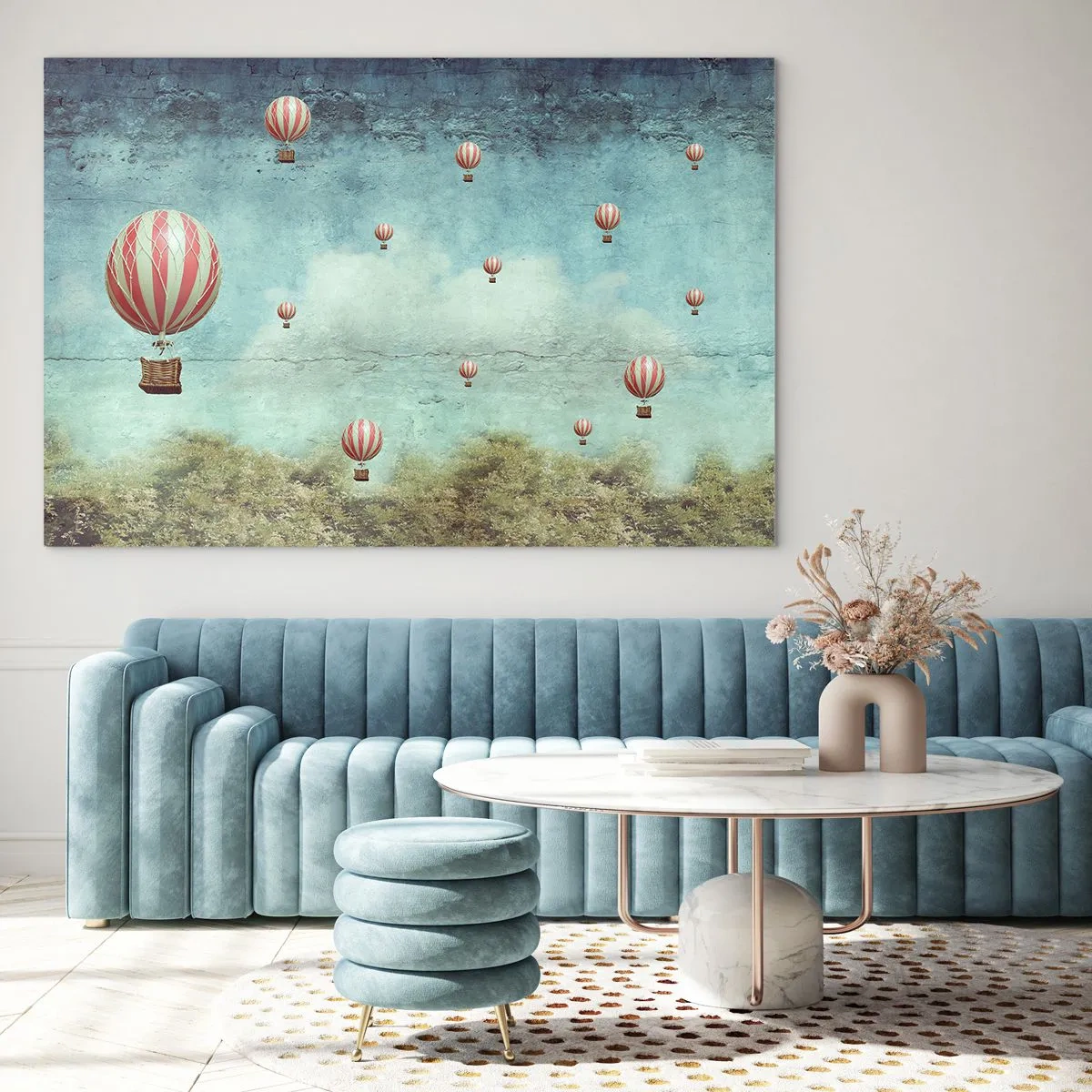 Billede på glas - Balloner svæver over et grønt landskab - 70x50cm - Fri fra livets travlhed og travlhed - Moderne vægdekoration til stue og soveværelse ARTTOR
