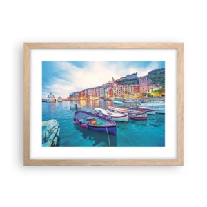 Plakat i ramme af lyst egetræ - En farverig aften i havnen - 40x30 cm