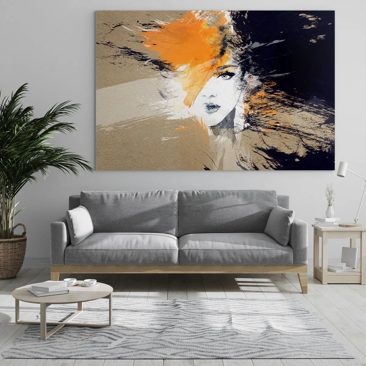 Billede på glas - Abstrakt portræt af en kvinde med orange accenter - 70x50cm - Og det bliver let - Moderne vægdekoration til stue og soveværelse ARTTOR