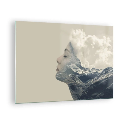 Billede på glas - En kvindes profil med et landskab af bjerge og skyer i baggrunden. - 70x50cm - Skønheden ved elementerne - Moderne vægdekoration til stue og soveværelse ARTTOR