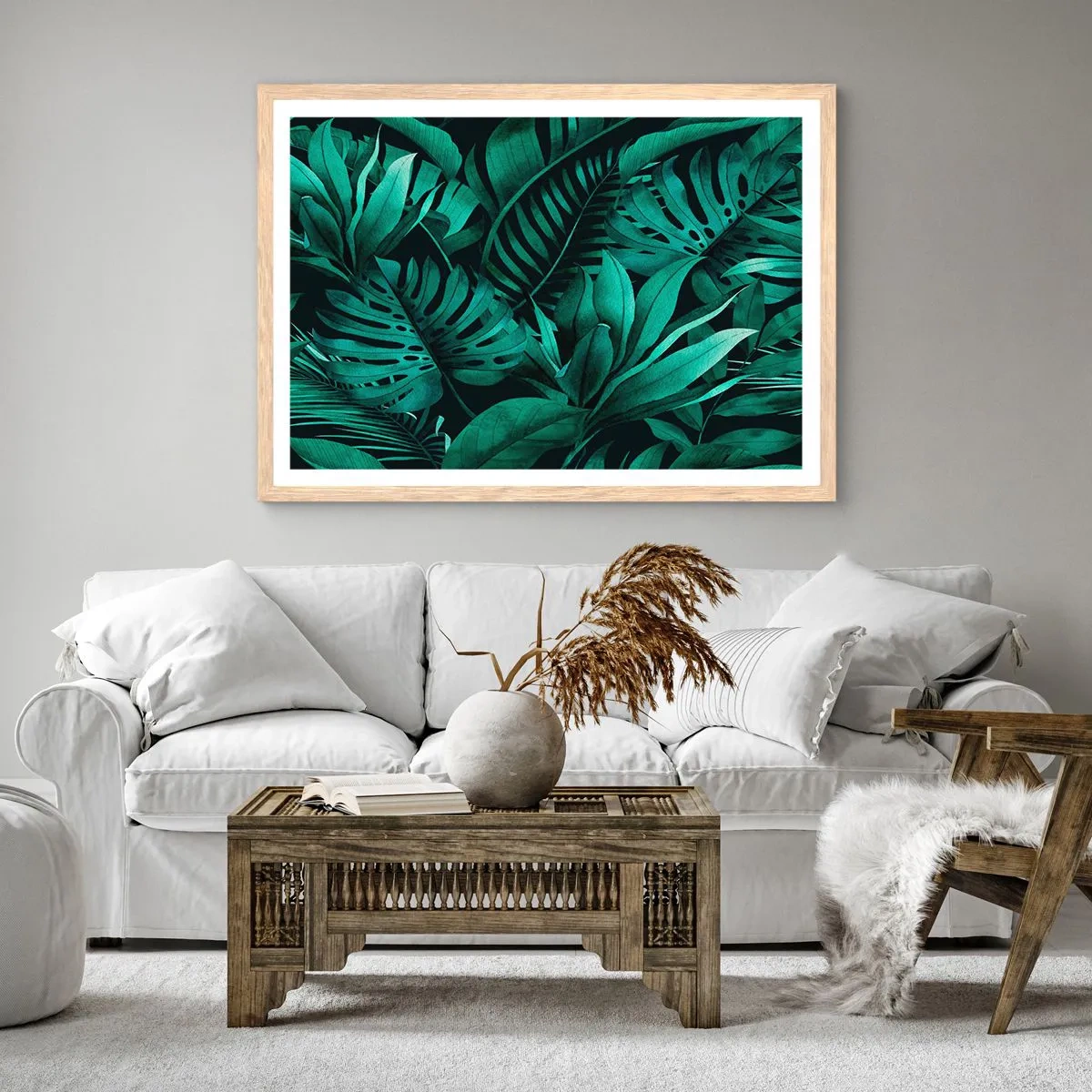 Plakat i ramme af lyst egetræ - Dyb tropisk grøn - 100x70 cm