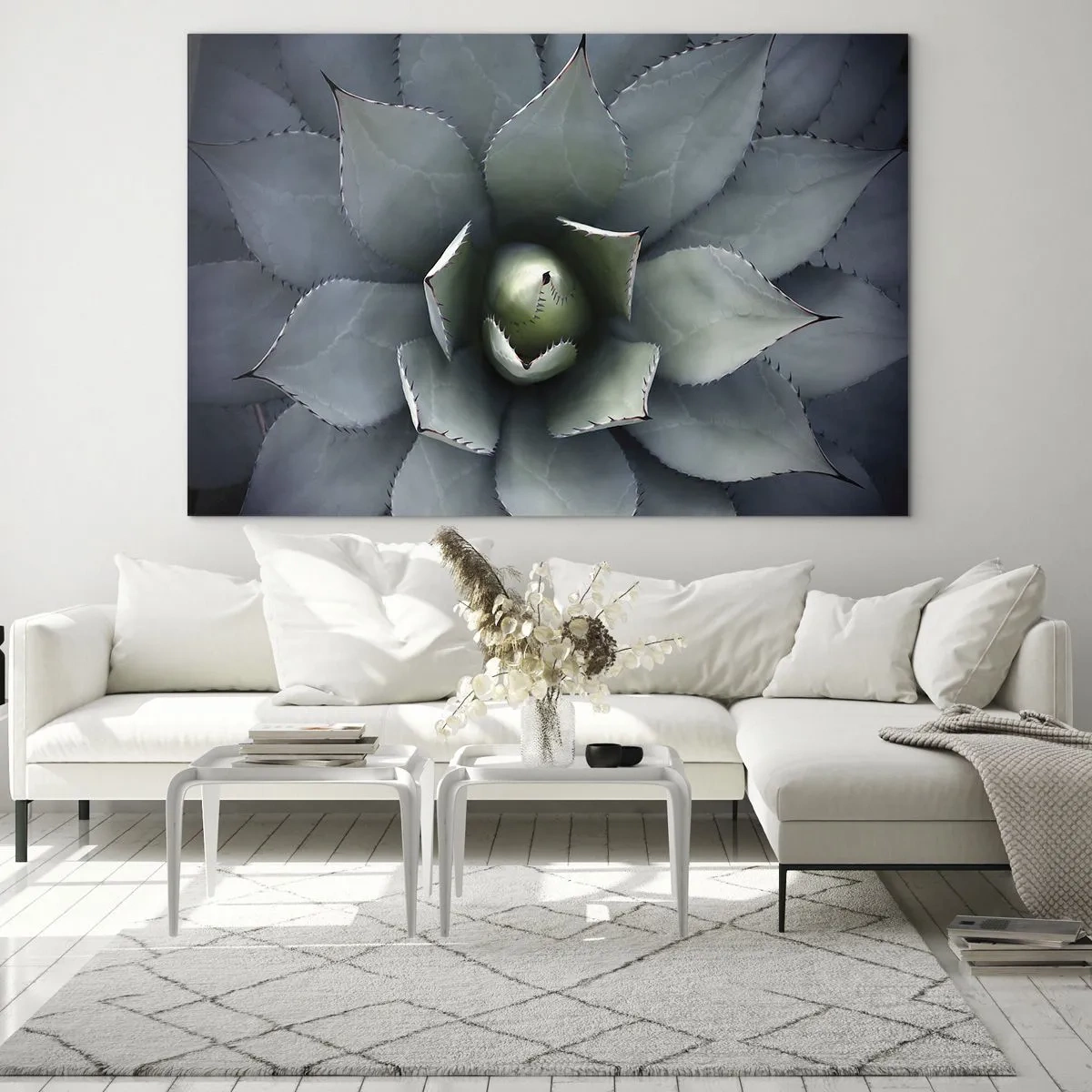 Billede på glas - Et nærbillede af de symmetriske, stålfarvede agaveblade. - 70x50cm - Lokkemad og advarsler - Moderne vægdekoration til stue og soveværelse ARTTOR