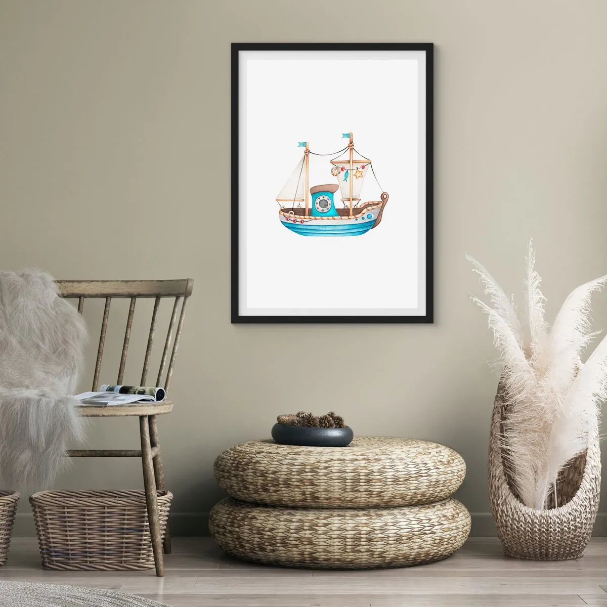 Plakat i sort ramme - Akvarelskib i pastelblå og beige nuancer - 50x70cm - Ohøj, eventyr! - Moderne vægdekoration til stue og soveværelse ARTTOR