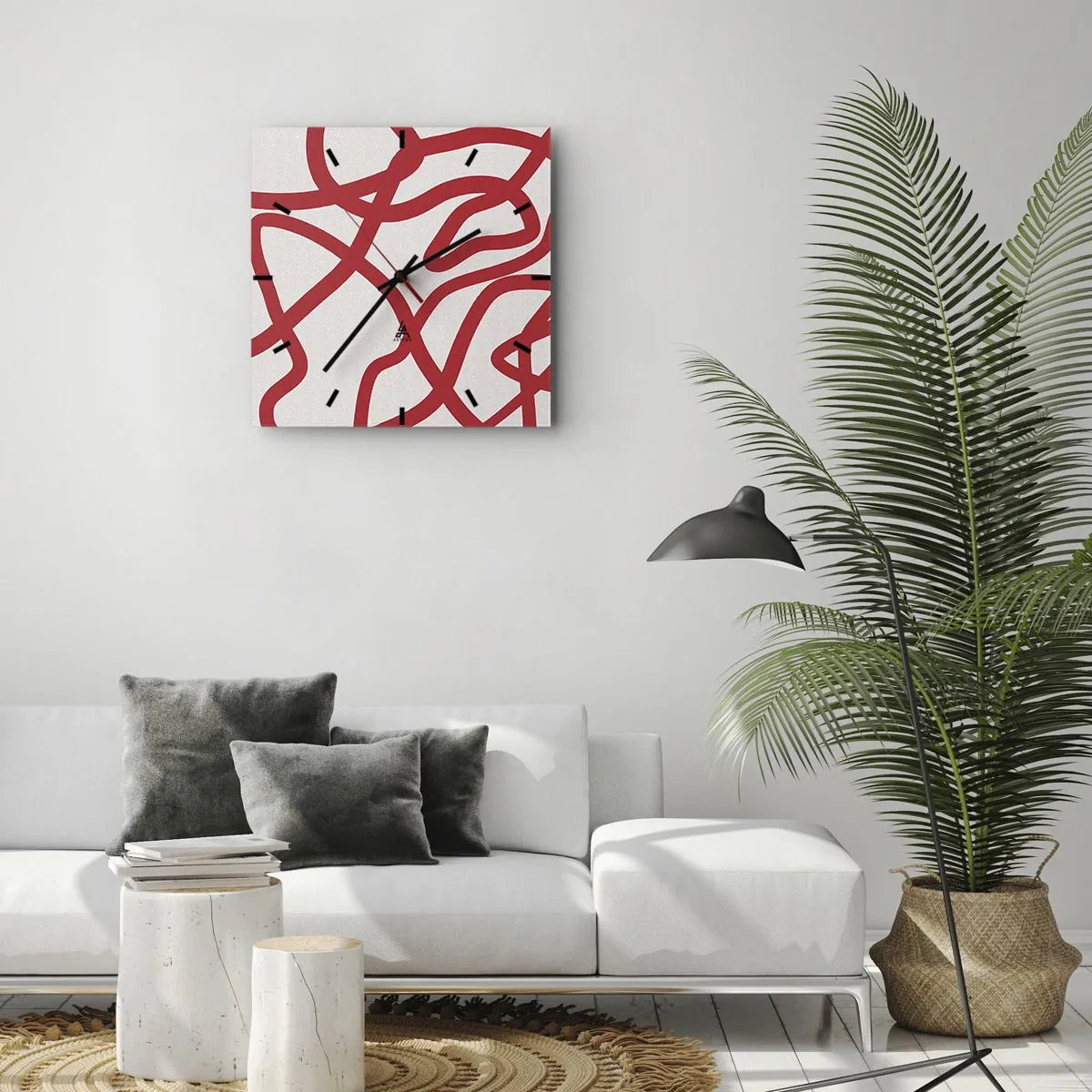 Vægur, Uret - Rød på hvid - 40x40 cm