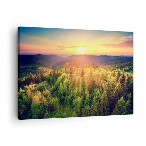Lærredstryk - Billede på lærred - Skovlandskab med solnedgang over bakkerne - 70x50cm - Toppe og bjergtoppe - Moderne vægdekoration til stue og soveværelse ARTTOR