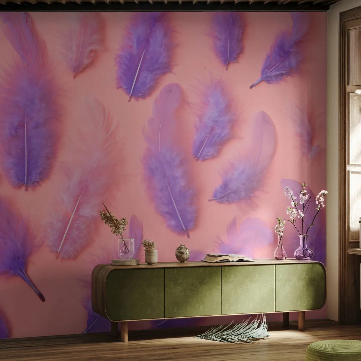 Fototapet Premium Canvas - Lilla fugl af begær - Fuglefjer, Inspiration, Grafik - 350x256 cm